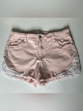 Light Pink Denim Lace-Trim Cutoff Shorts